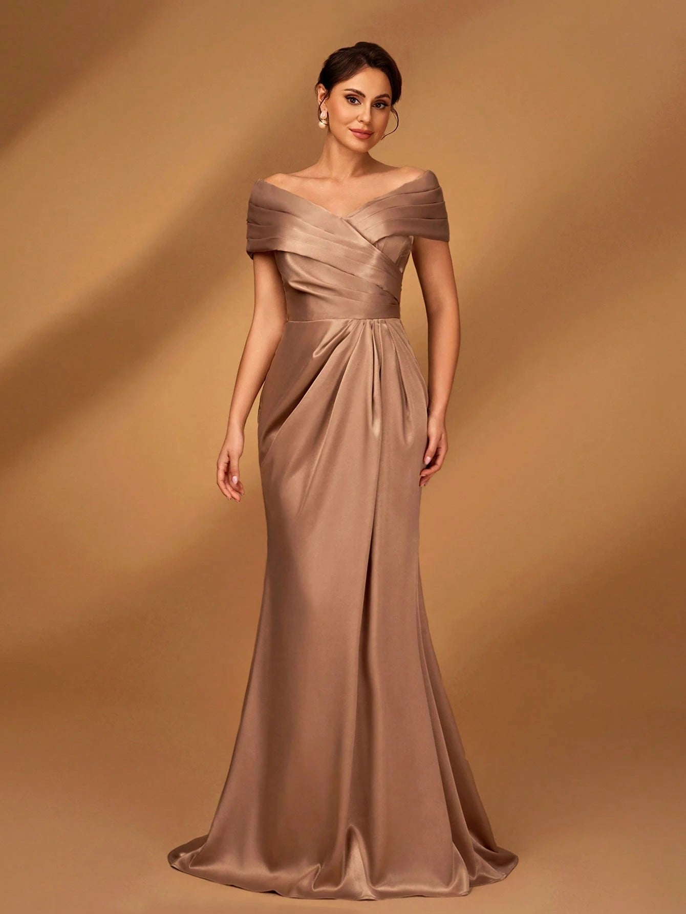 Serin Elegant Brown Winter Formal Evening Wedding Dress,Satin Off-Shoulder Criss-Cross Ruffled Mini Fishtail - image 7