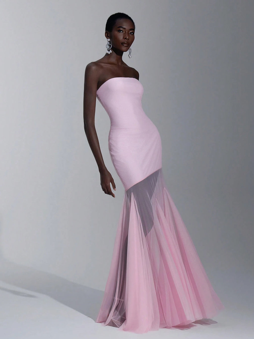 Elitara Elegant,Light Pink,Spring,Wedding Mesh Strapless Backless Bodycon Dress, Minimalist Pink Elastic