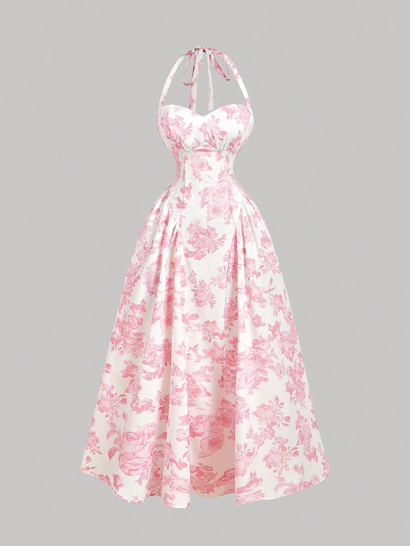 MOD Women's Romantic Floral Print Halter Mid-Length Dress Vintage, Wedding Guest Dress - image 18