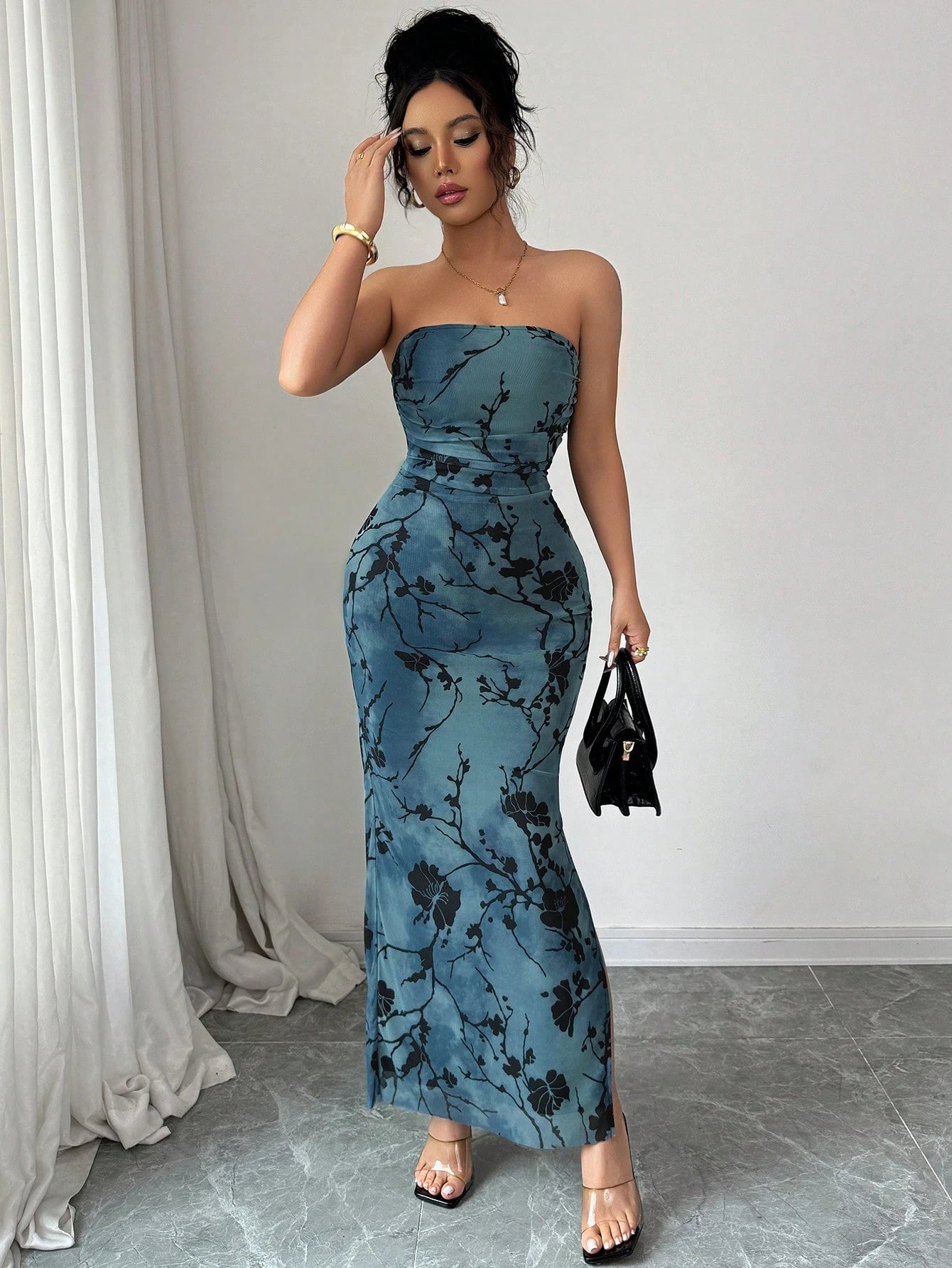 Ladies' Tie Dye Strapless Dress With Side Slit Hem Maxi