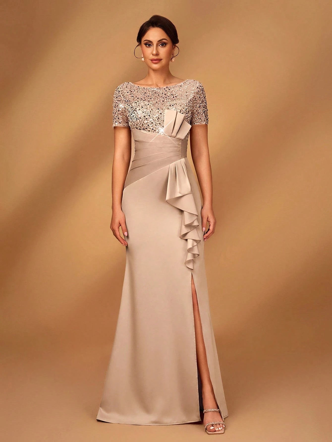 Serin Elegant,Champagne Luxurious Beaded & Sequin Satin Ruffle Hem High Slit Fishtail Evening Wedding Summer - image 4