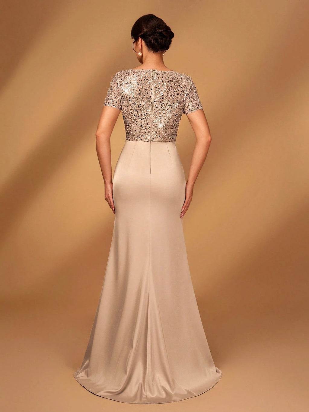 Serin Elegant,Champagne Luxurious Beaded & Sequin Satin Ruffle Hem High Slit Fishtail Evening Wedding Summer - image 3