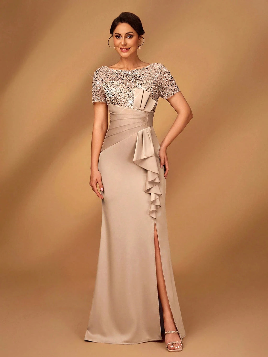 Serin Elegant,Champagne Luxurious Beaded & Sequin Satin Ruffle Hem High Slit Fishtail Evening Wedding Summer - image 5