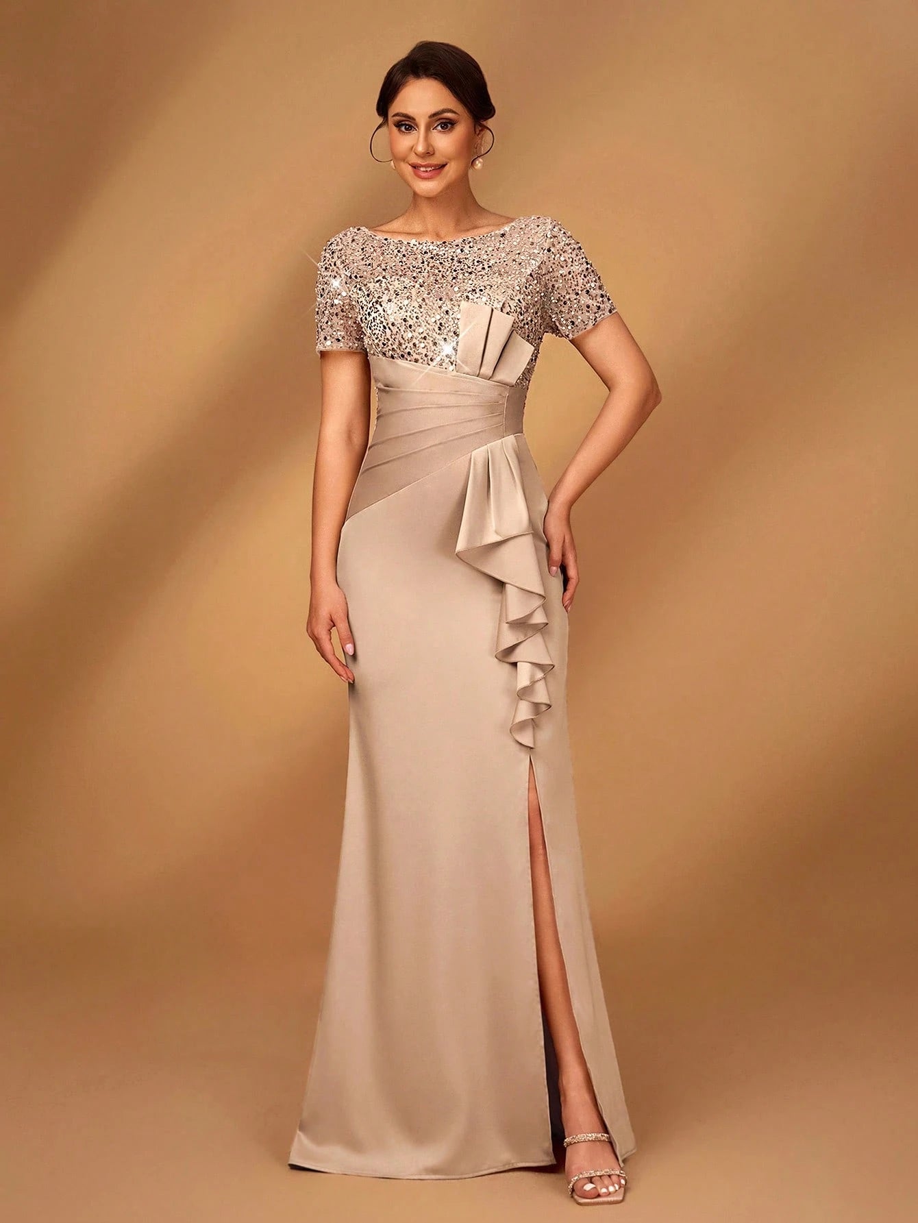 Serin Elegant,Champagne Luxurious Beaded & Sequin Satin Ruffle Hem High Slit Fishtail Evening Wedding Summer - image 5
