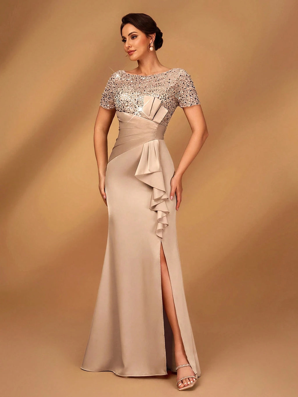 Serin Elegant,Champagne Luxurious Beaded & Sequin Satin Ruffle Hem High Slit Fishtail Evening Wedding Summer - image 6