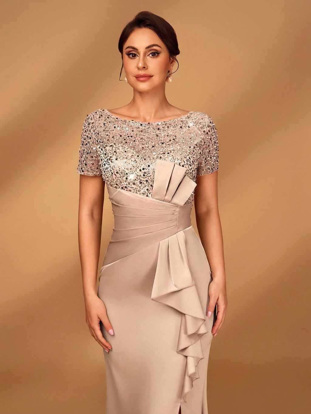 Serin Elegant,Champagne Luxurious Beaded & Sequin Satin Ruffle Hem High Slit Fishtail Evening Wedding Summer - image 7