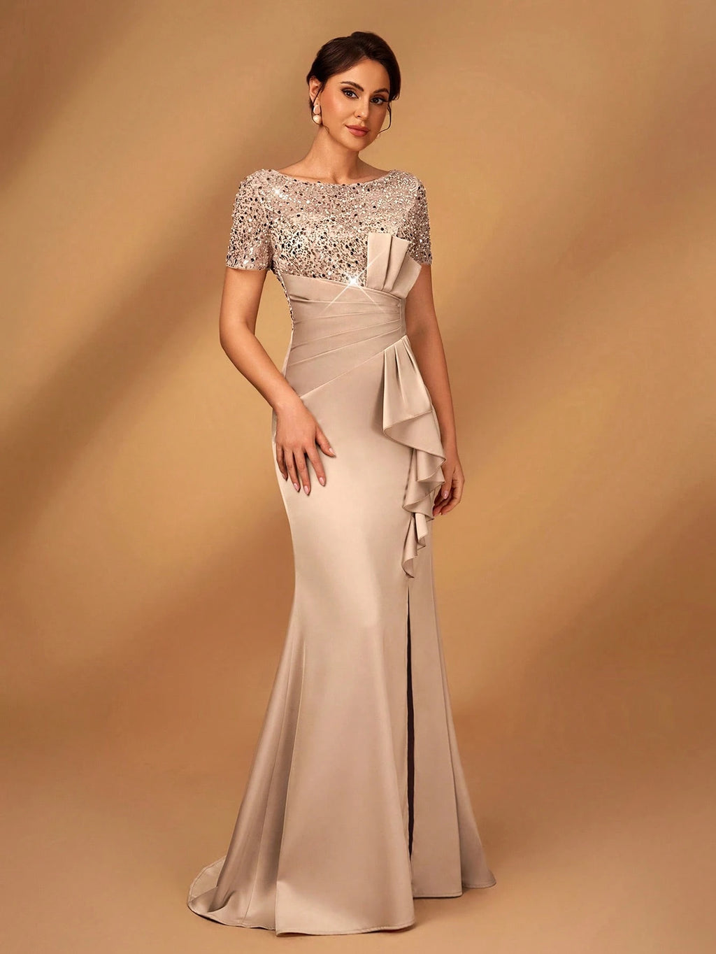 Serin Elegant,Champagne Luxurious Beaded & Sequin Satin Ruffle Hem High Slit Fishtail Evening Wedding Summer