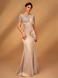 Serin Elegant,Champagne Luxurious Beaded & Sequin Satin Ruffle Hem High Slit Fishtail Evening Wedding Summer