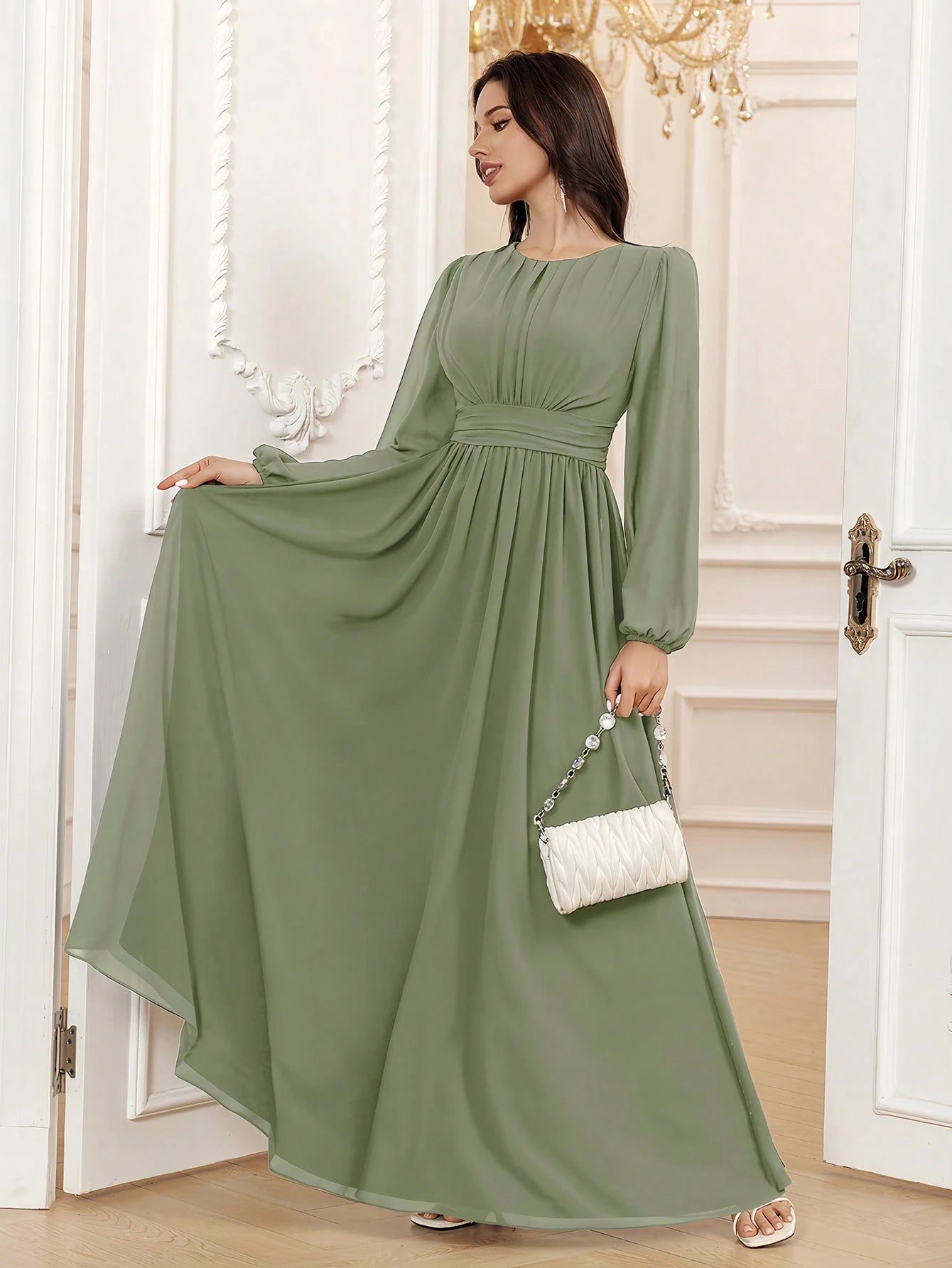 Volly Toych Elegant A-Line Round Neck Long Sleeve Floor-Length Chiffon Bridesmaid Dress, Wedding Guest Dress, - image 10