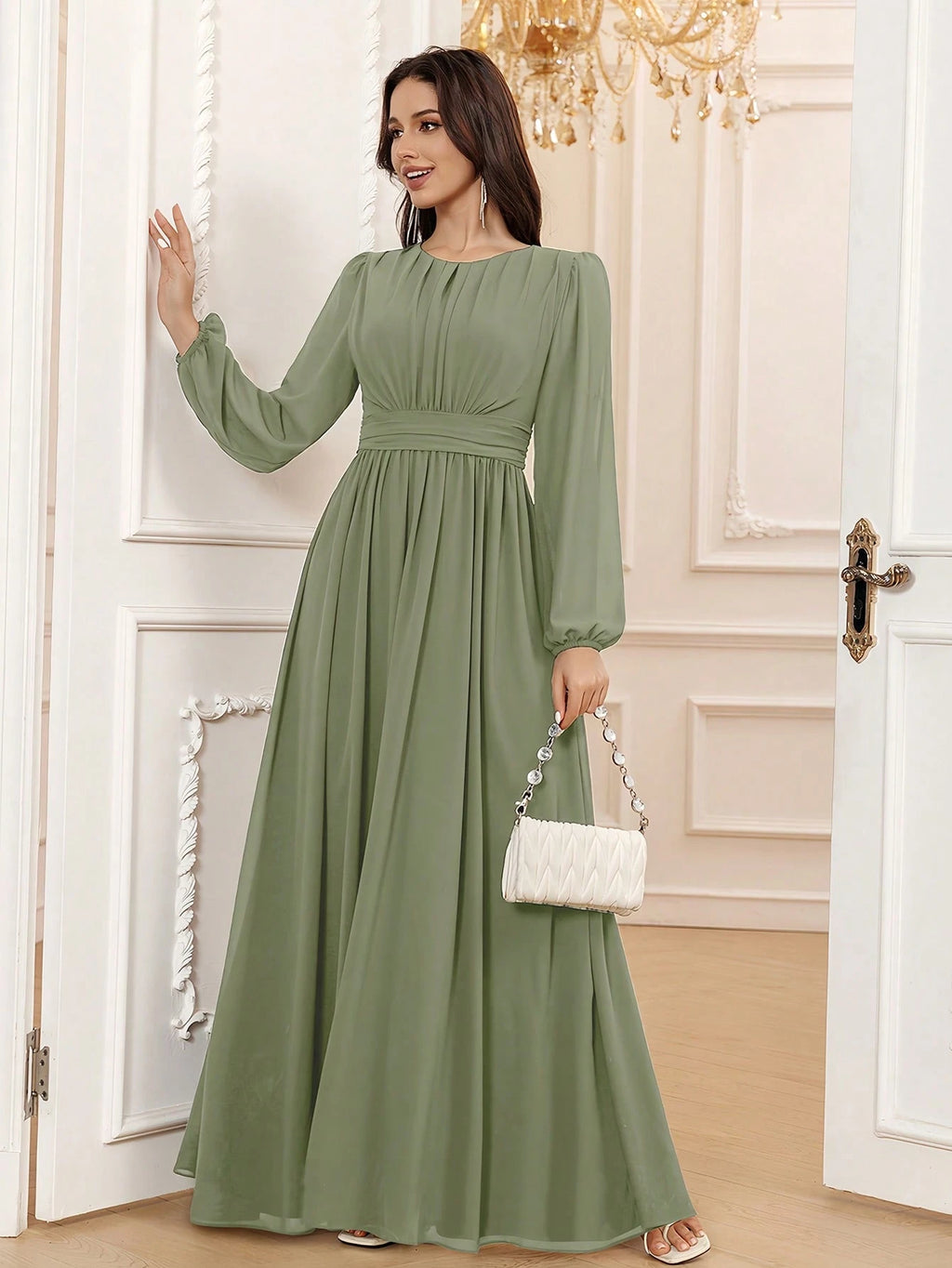 Volly Toych Elegant A-Line Round Neck Long Sleeve Floor-Length Chiffon Bridesmaid Dress, Wedding Guest Dress, - image 9