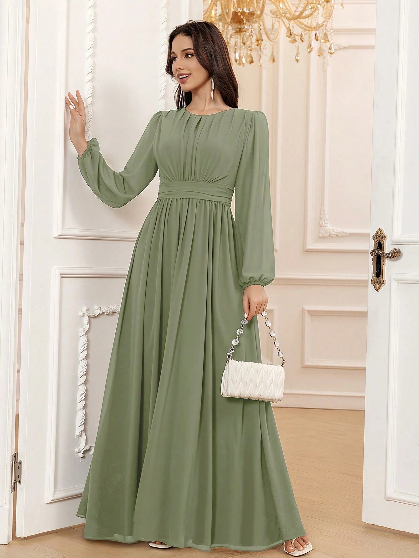 Volly Toych Elegant A-Line Round Neck Long Sleeve Floor-Length Chiffon Bridesmaid Dress, Wedding Guest Dress, - image 9
