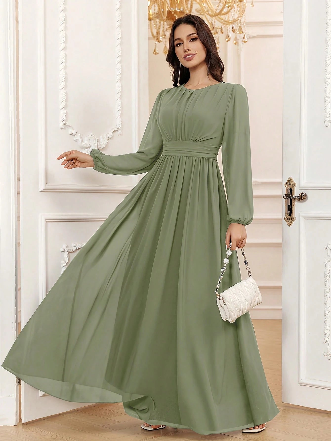 Volly Toych Elegant A-Line Round Neck Long Sleeve Floor-Length Chiffon Bridesmaid Dress, Wedding Guest Dress, - image 7