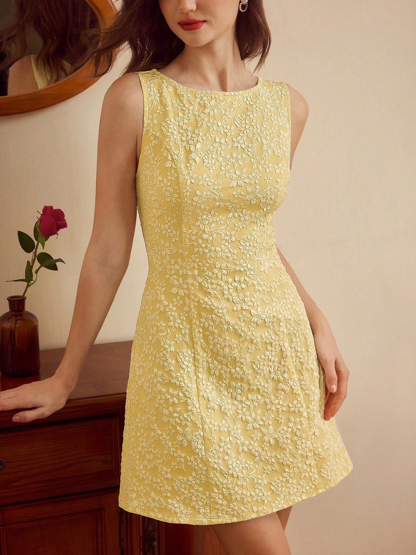 Vintamour Women's Elegant Romantic White Floral Jacquard Mini Dress,Sleeveless Bodycon Summer Vacation - image 9