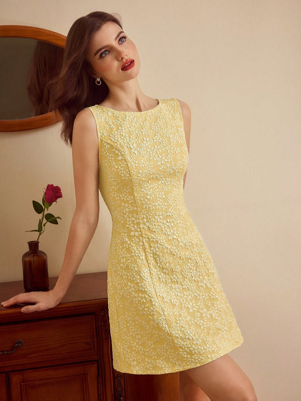 Vintamour Women's Elegant Romantic White Floral Jacquard Mini Dress,Sleeveless Bodycon Summer Vacation - image 10