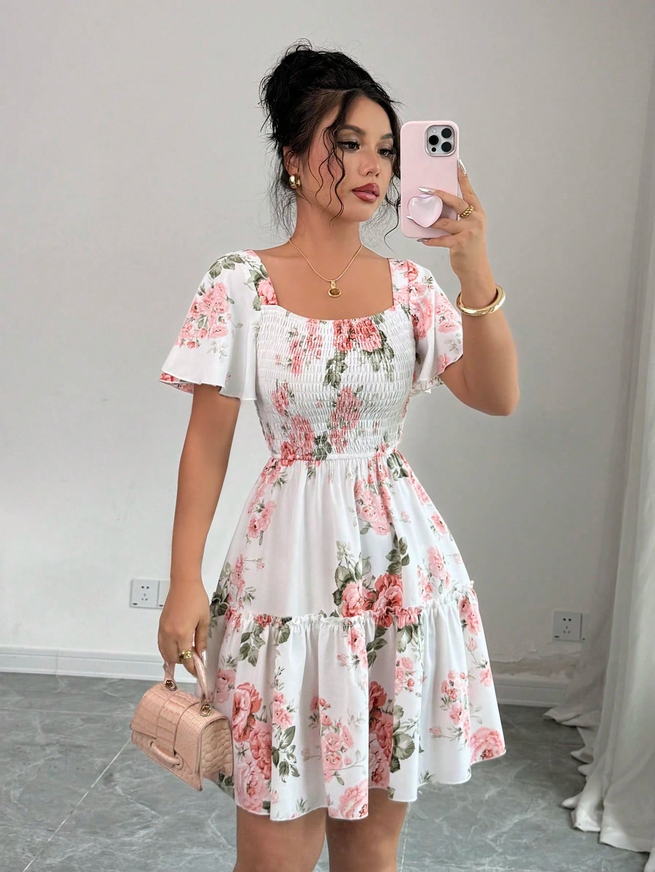 Elenzga Women Floral Print Sashes Ruffle Hem Short Sleeve Casual