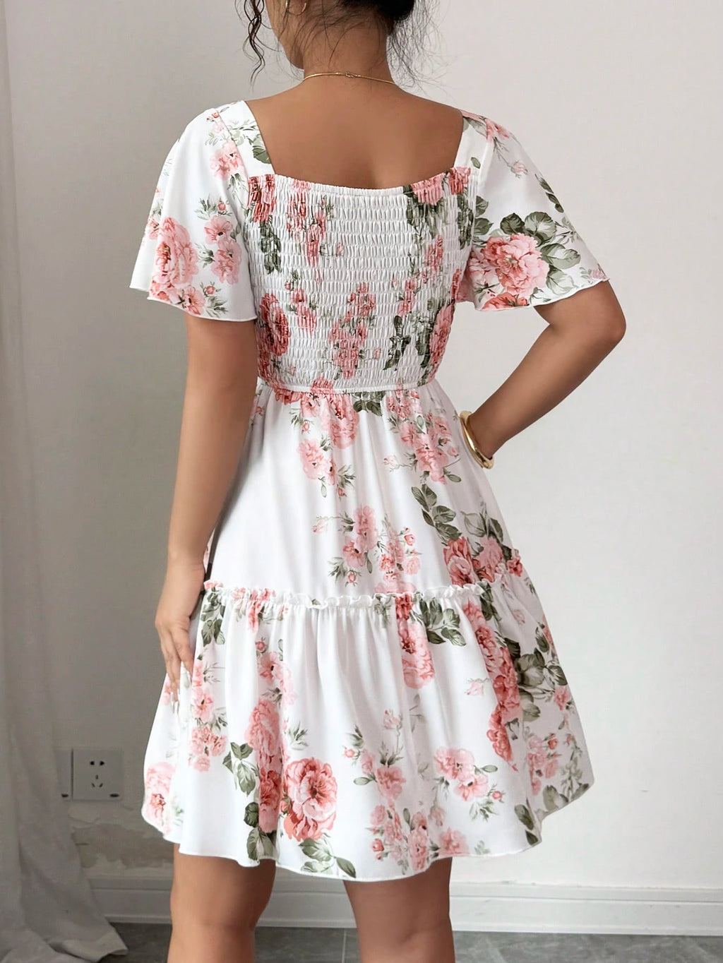 Elenzga Women Floral Print Sashes Ruffle Hem Short Sleeve Casual