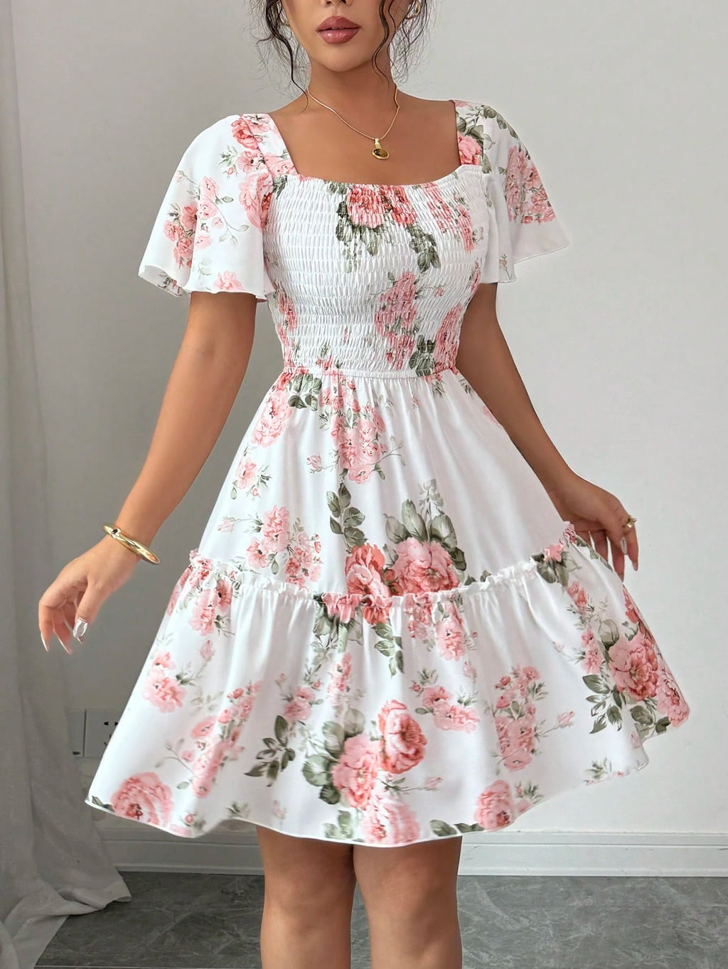 Elenzga Women Floral Print Sashes Ruffle Hem Short Sleeve Casual