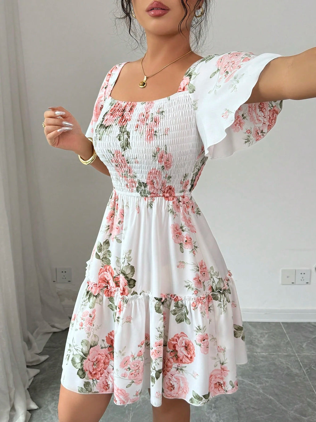 Elenzga Women Floral Print Sashes Ruffle Hem Short Sleeve Casual
