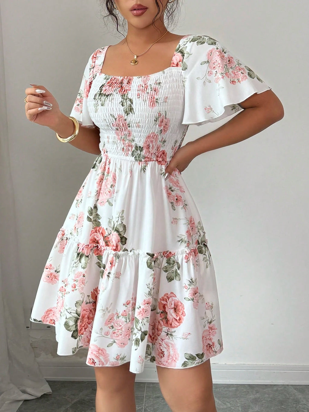 Elenzga Women Floral Print Sashes Ruffle Hem Short Sleeve Casual