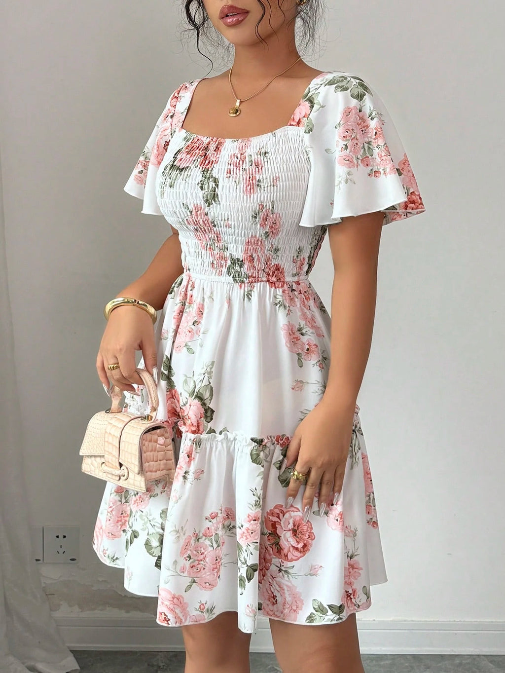 Elenzga Women Floral Print Sashes Ruffle Hem Short Sleeve Casual