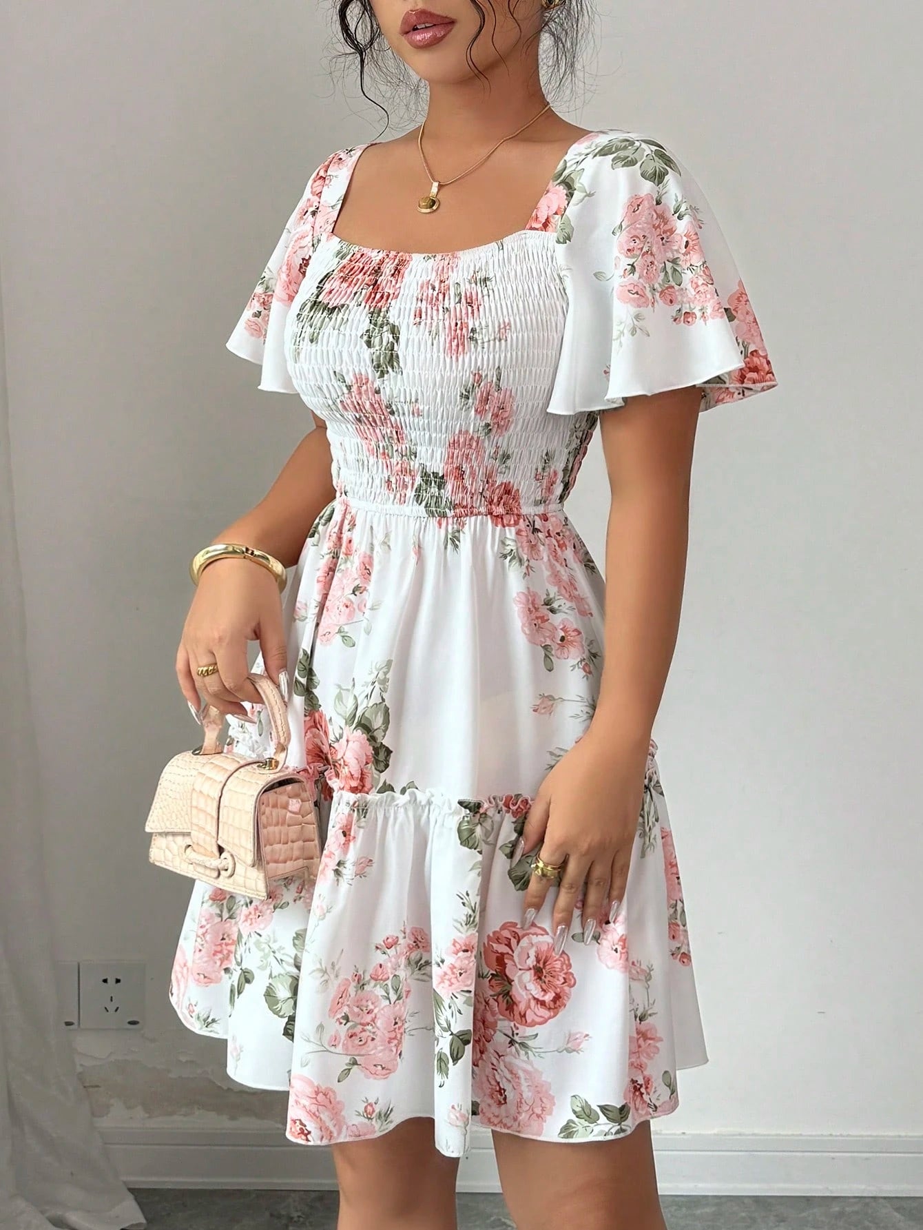 Elenzga Women Floral Print Sashes Ruffle Hem Short Sleeve Casual