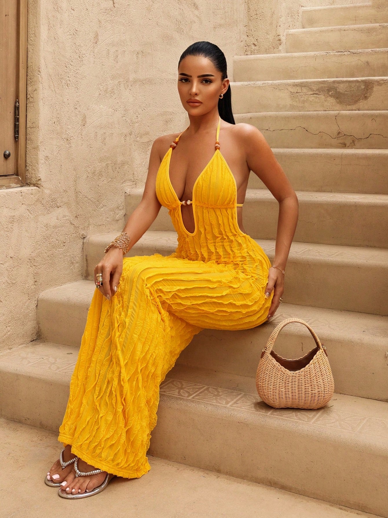 Swim SXY Women's New Summer Yellow Sexy Deep VU Neck Long Bag Yellow Fringe Fabric Dress, Amber Beaded - image 6
