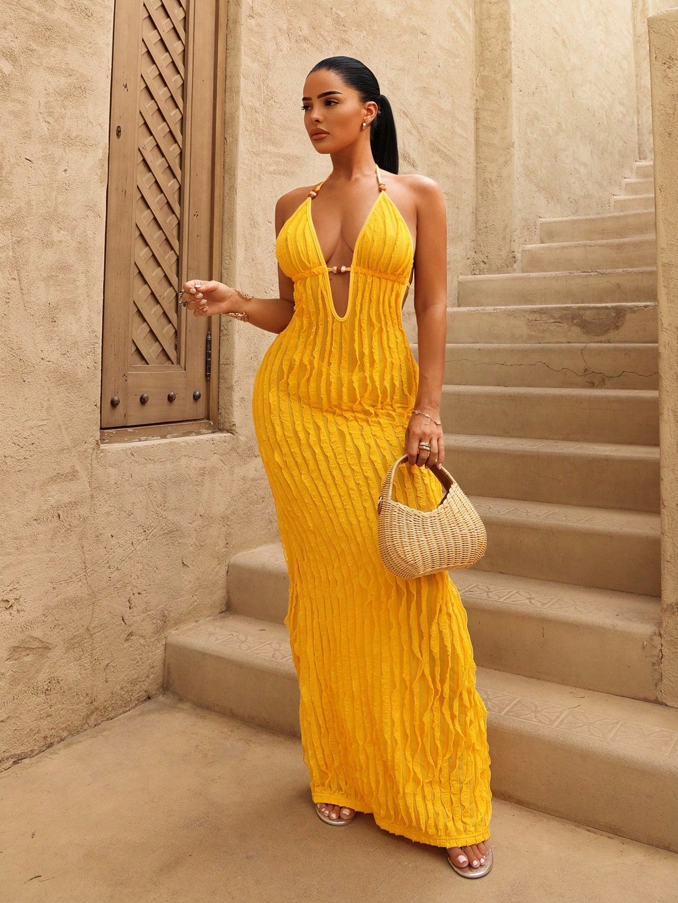 Swim SXY Women's New Summer Yellow Sexy Deep VU Neck Long Bag Yellow