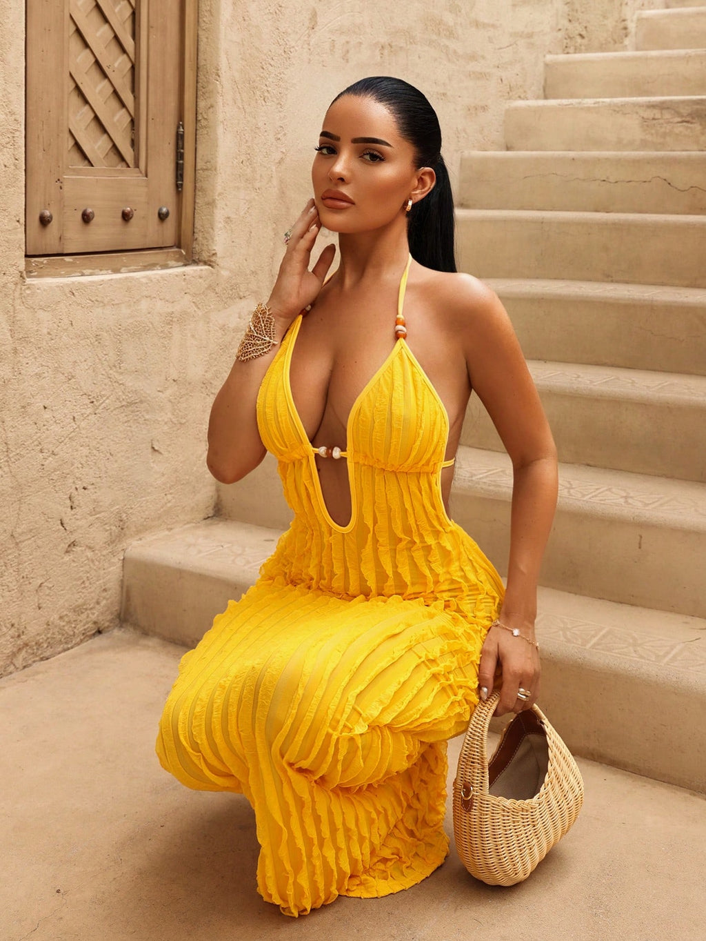 Swim SXY Women's New Summer Yellow Sexy Deep VU Neck Long Bag Yellow