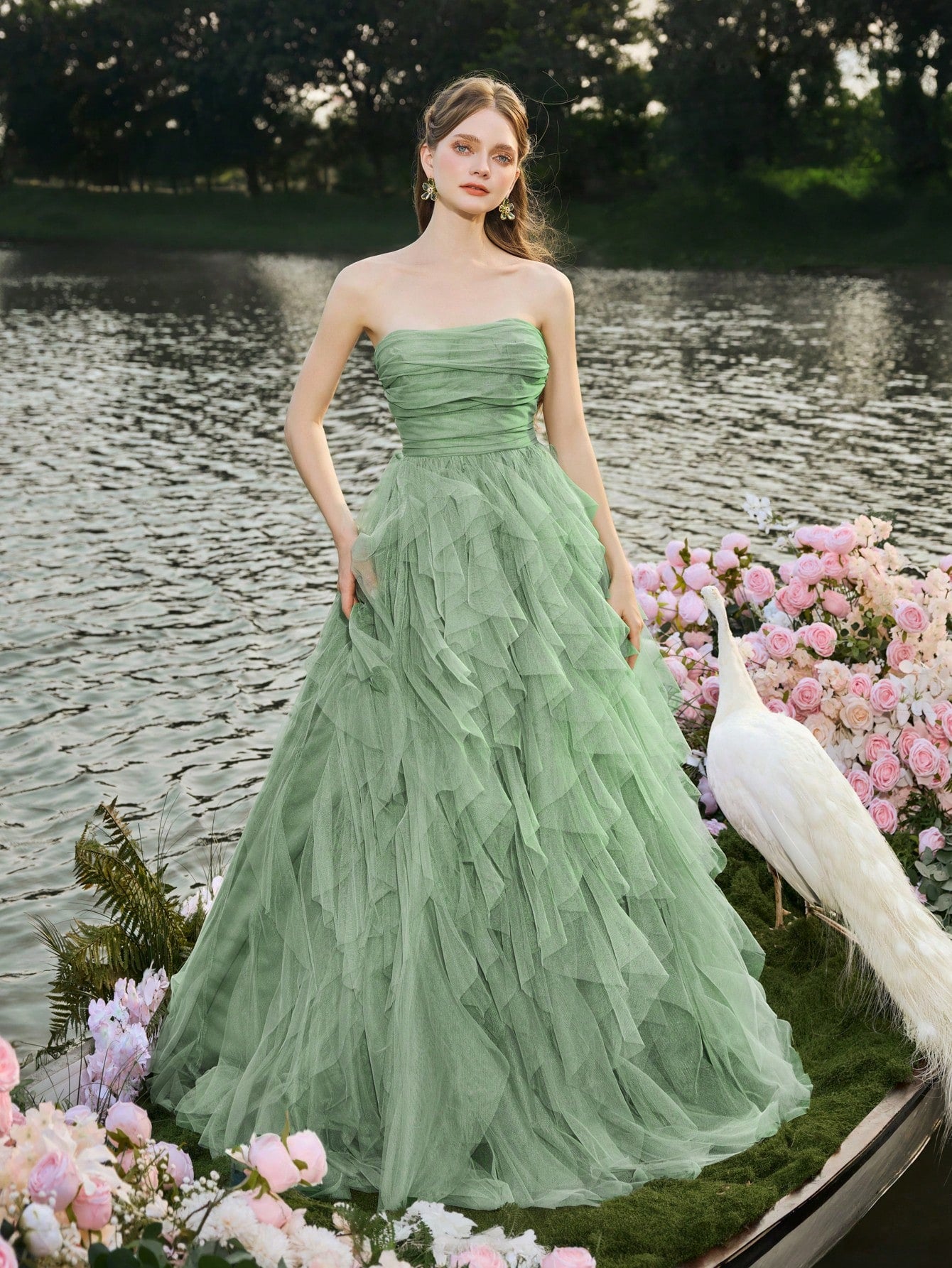 Faeriesty Romantic Strapless Bridal Dress, Layered Ruffle Tulle