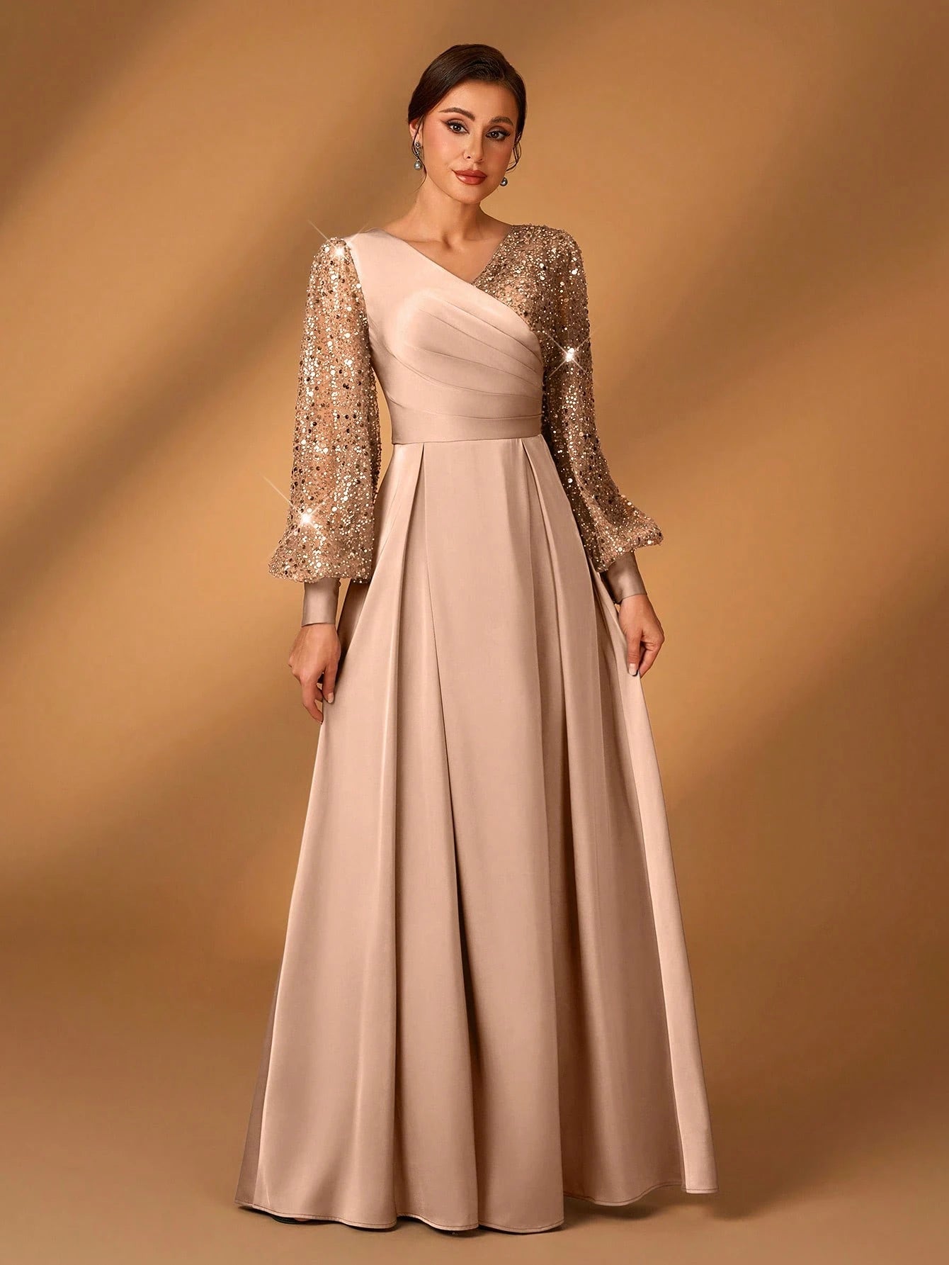Serin Women's Navy Blue Winter Formal Elegant Evening Formal Glitter Sequins & Satin Mixed Lantern Sleeve