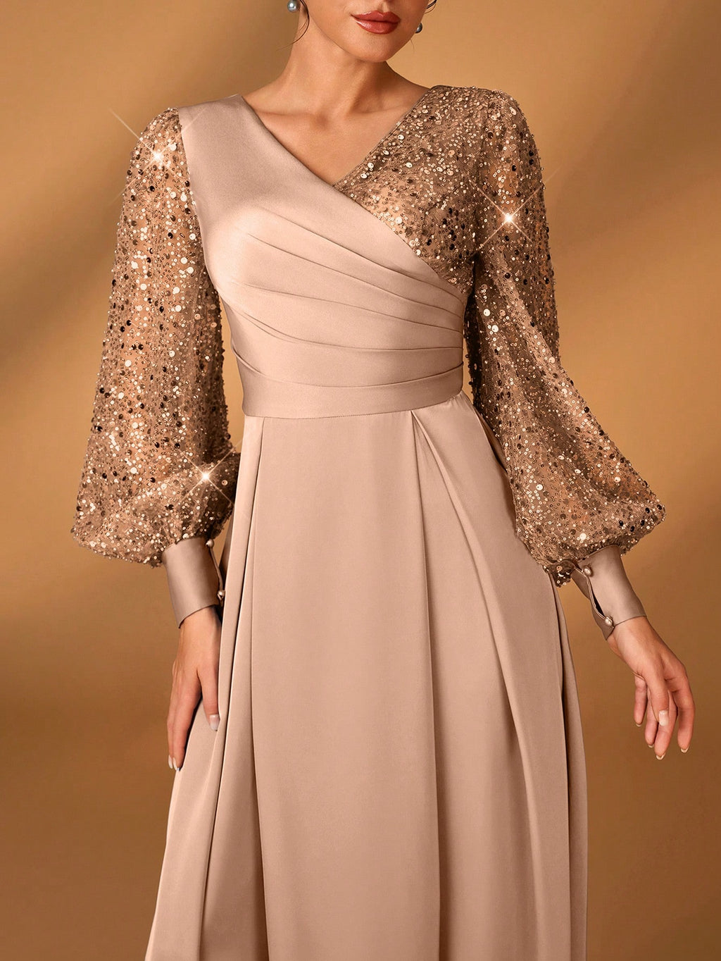Serin Women's Navy Blue Winter Formal Elegant Evening Formal Glitter Sequins & Satin Mixed Lantern Sleeve - image 2