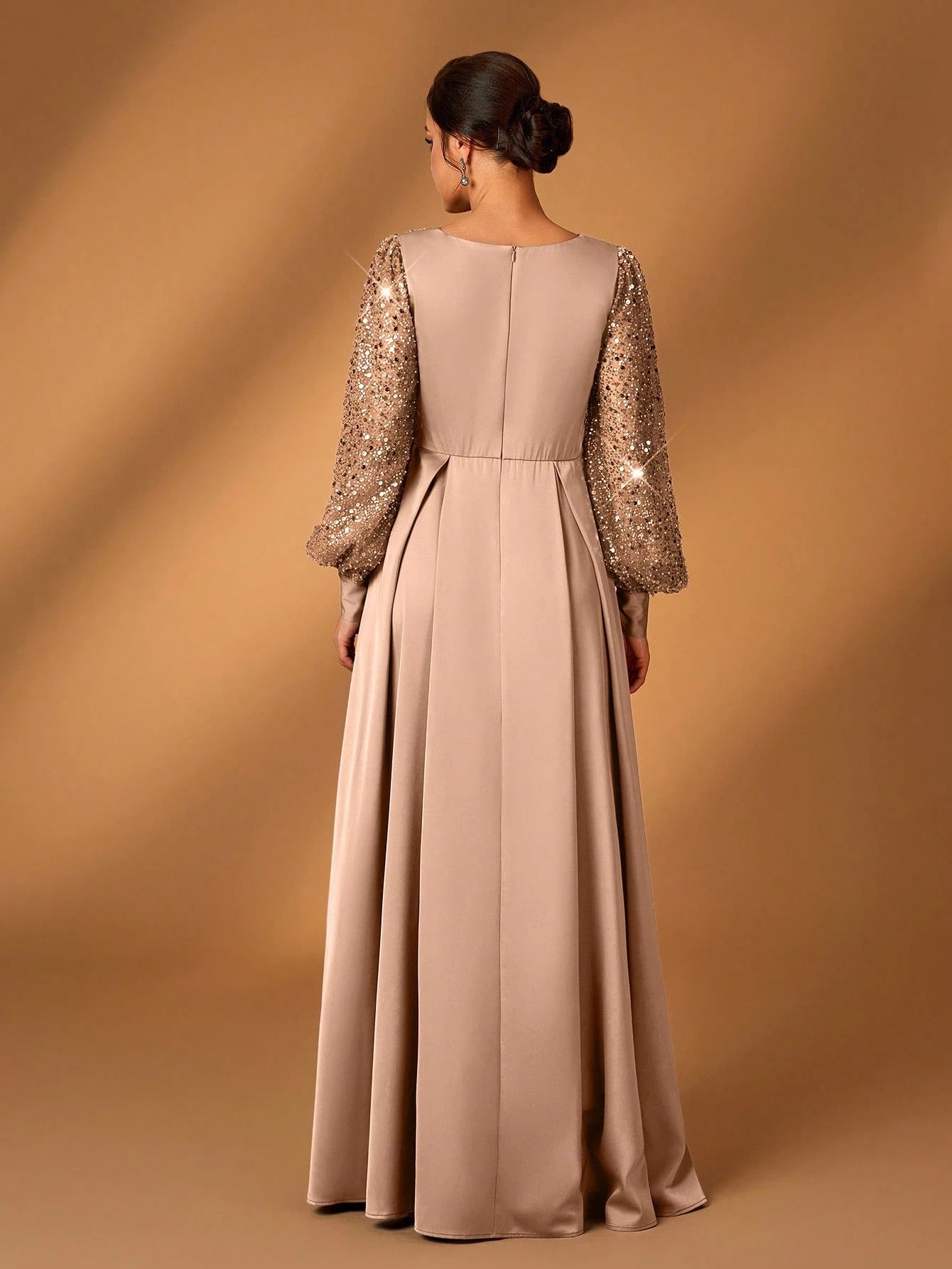 Serin Women's Navy Blue Winter Formal Elegant Evening Formal Glitter Sequins & Satin Mixed Lantern Sleeve - image 3