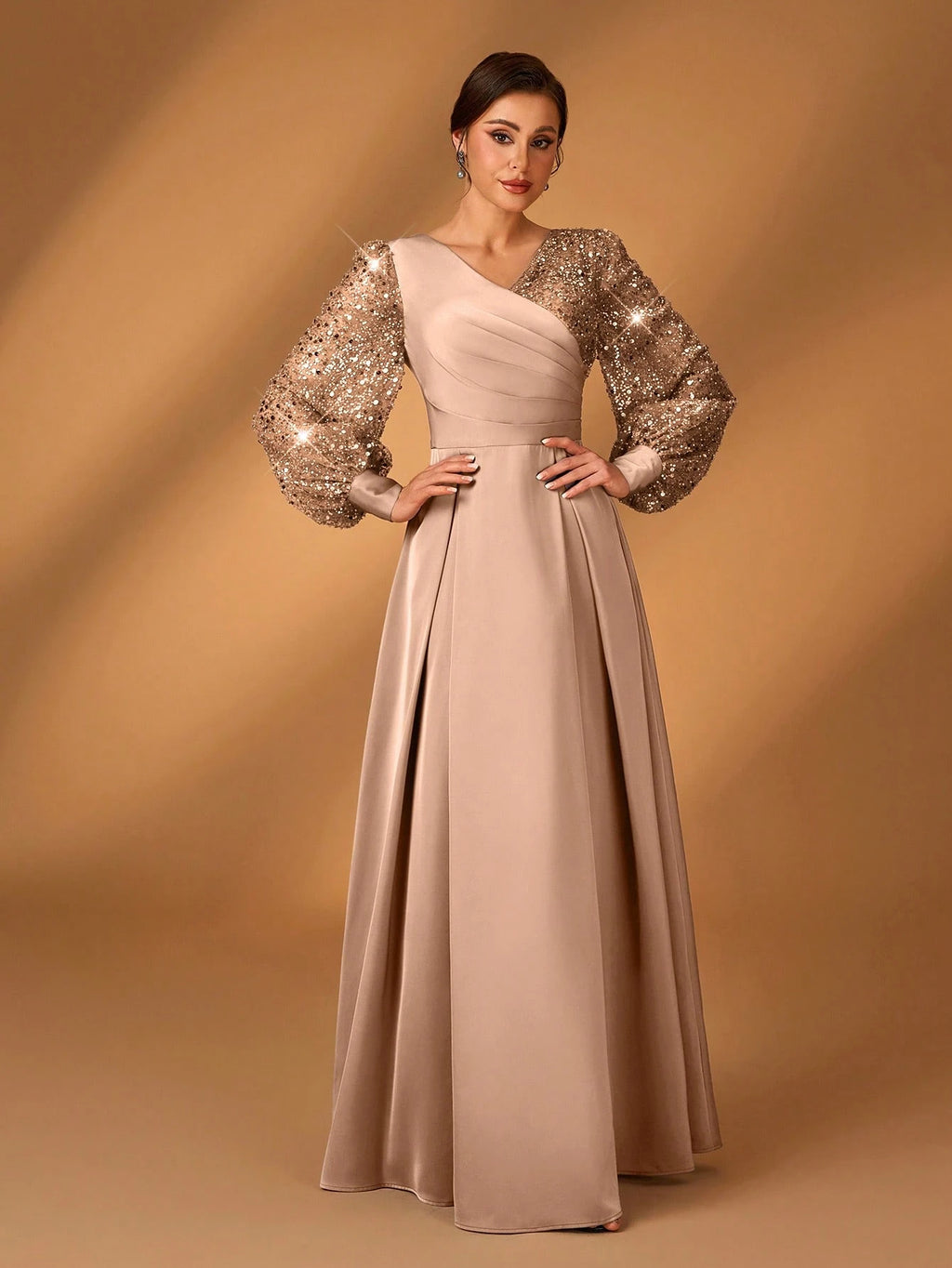 Serin Women's Navy Blue Winter Formal Elegant Evening Formal Glitter Sequins & Satin Mixed Lantern Sleeve - image 4