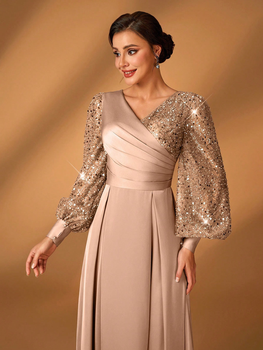 Serin Women's Navy Blue Winter Formal Elegant Evening Formal Glitter Sequins & Satin Mixed Lantern Sleeve - image 5