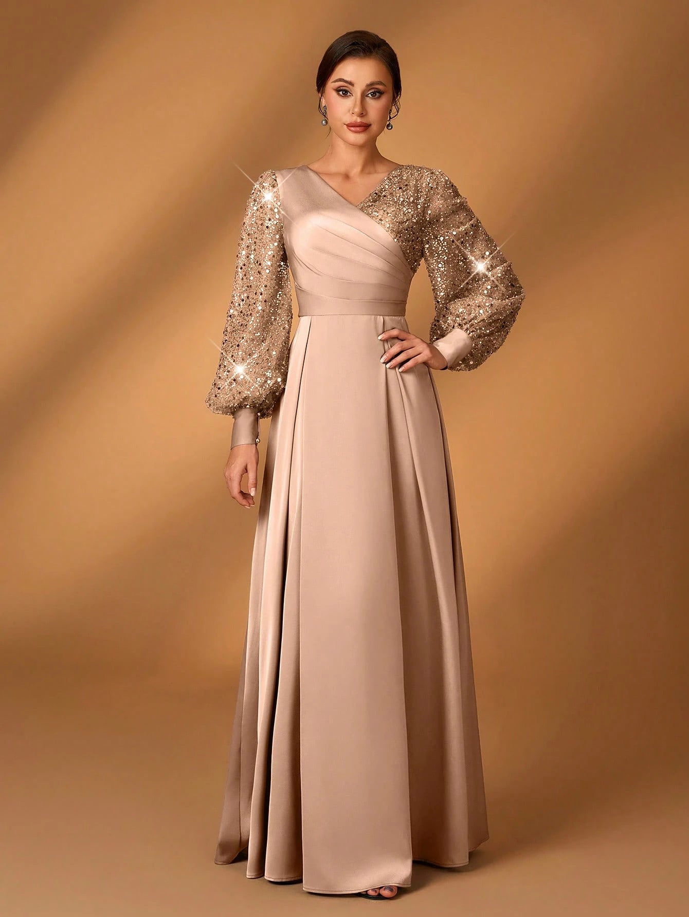 Serin Women's Navy Blue Winter Formal Elegant Evening Formal Glitter Sequins & Satin Mixed Lantern Sleeve - image 6