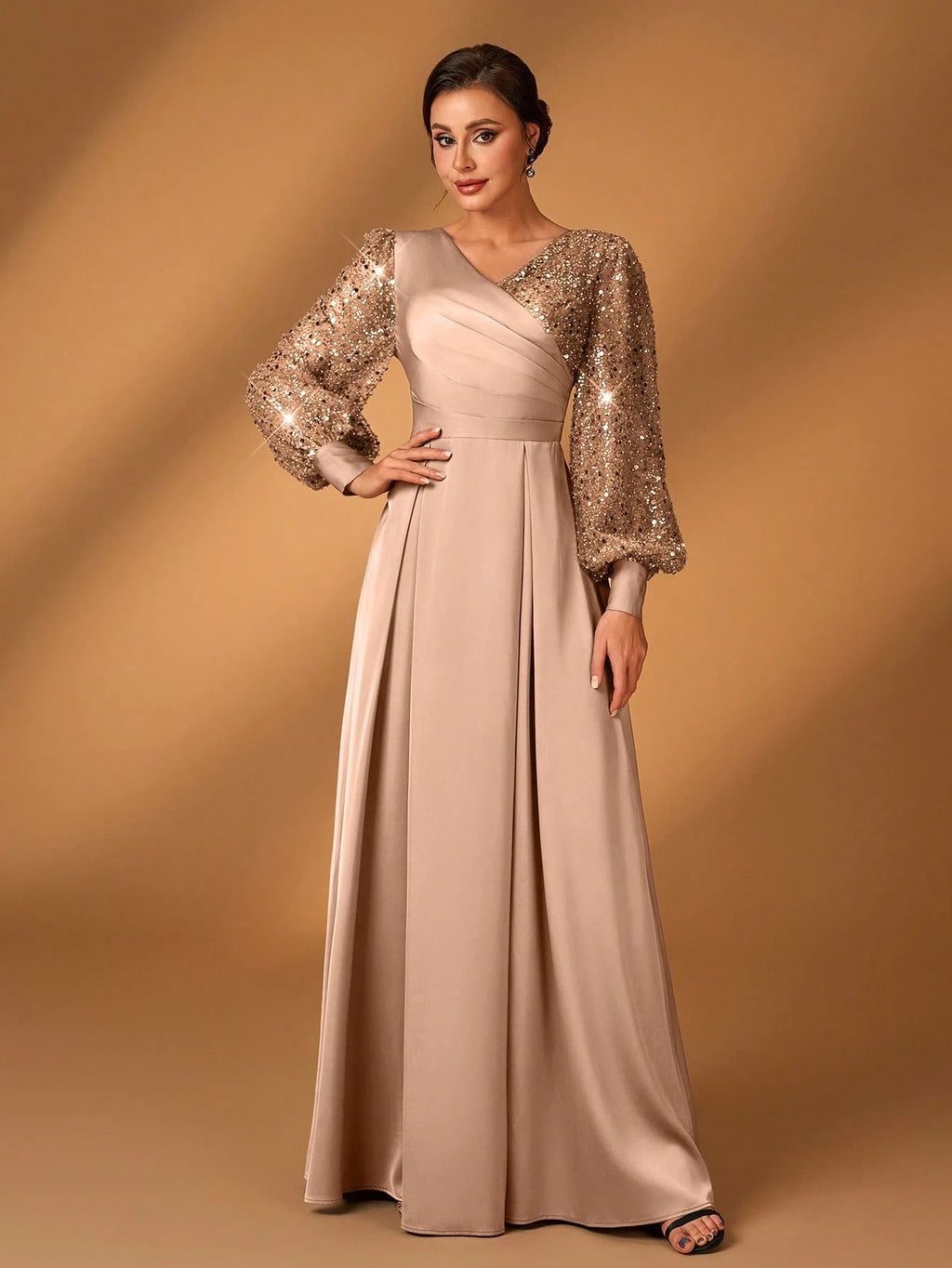 Serin Women's Navy Blue Winter Formal Elegant Evening Formal Glitter Sequins & Satin Mixed Lantern Sleeve - image 7