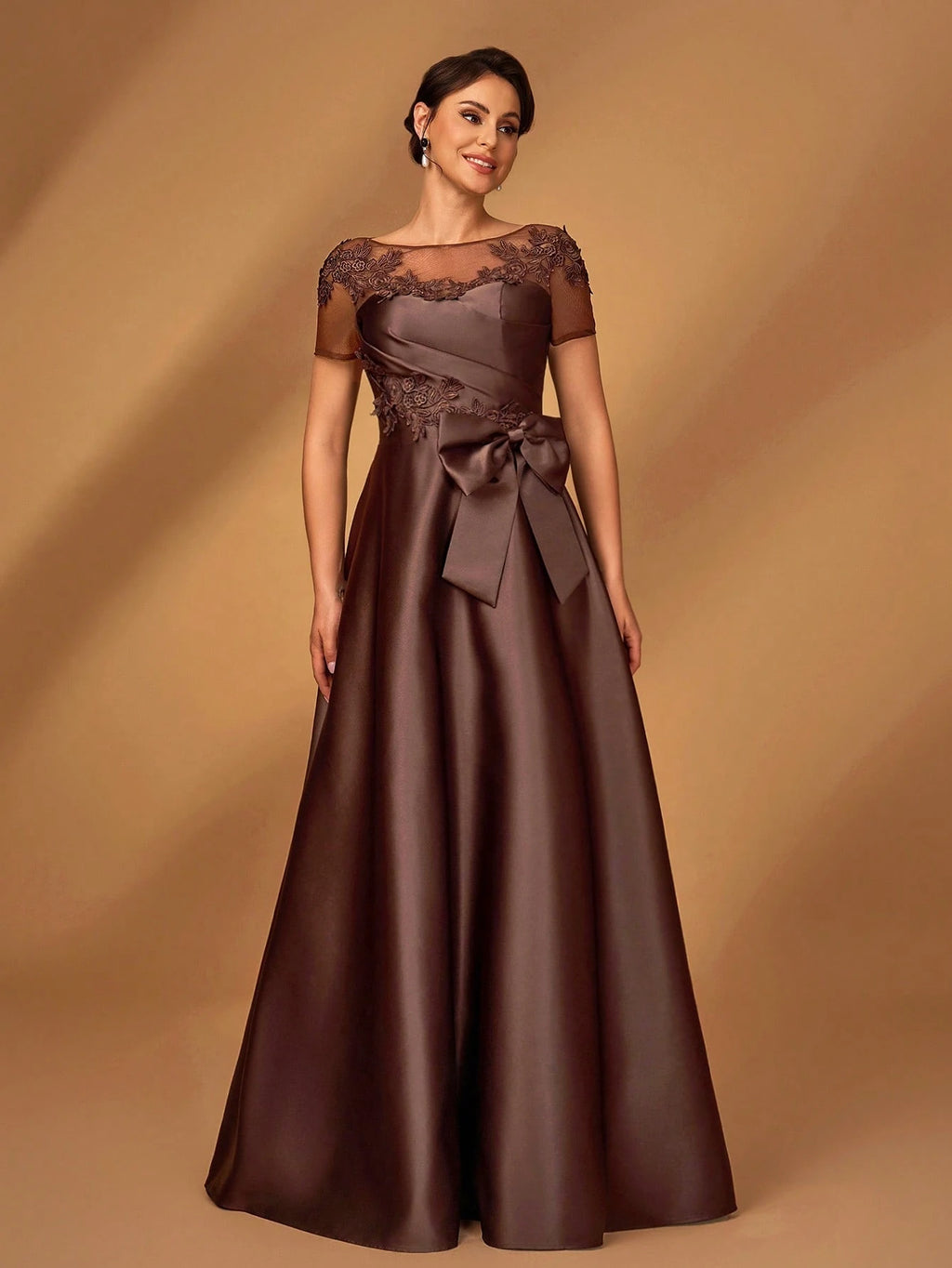 Serin Elegant Chocolate Brown Winter Evening Dress,Formal Wedding Guest Gown With Sequins Applique Mesh