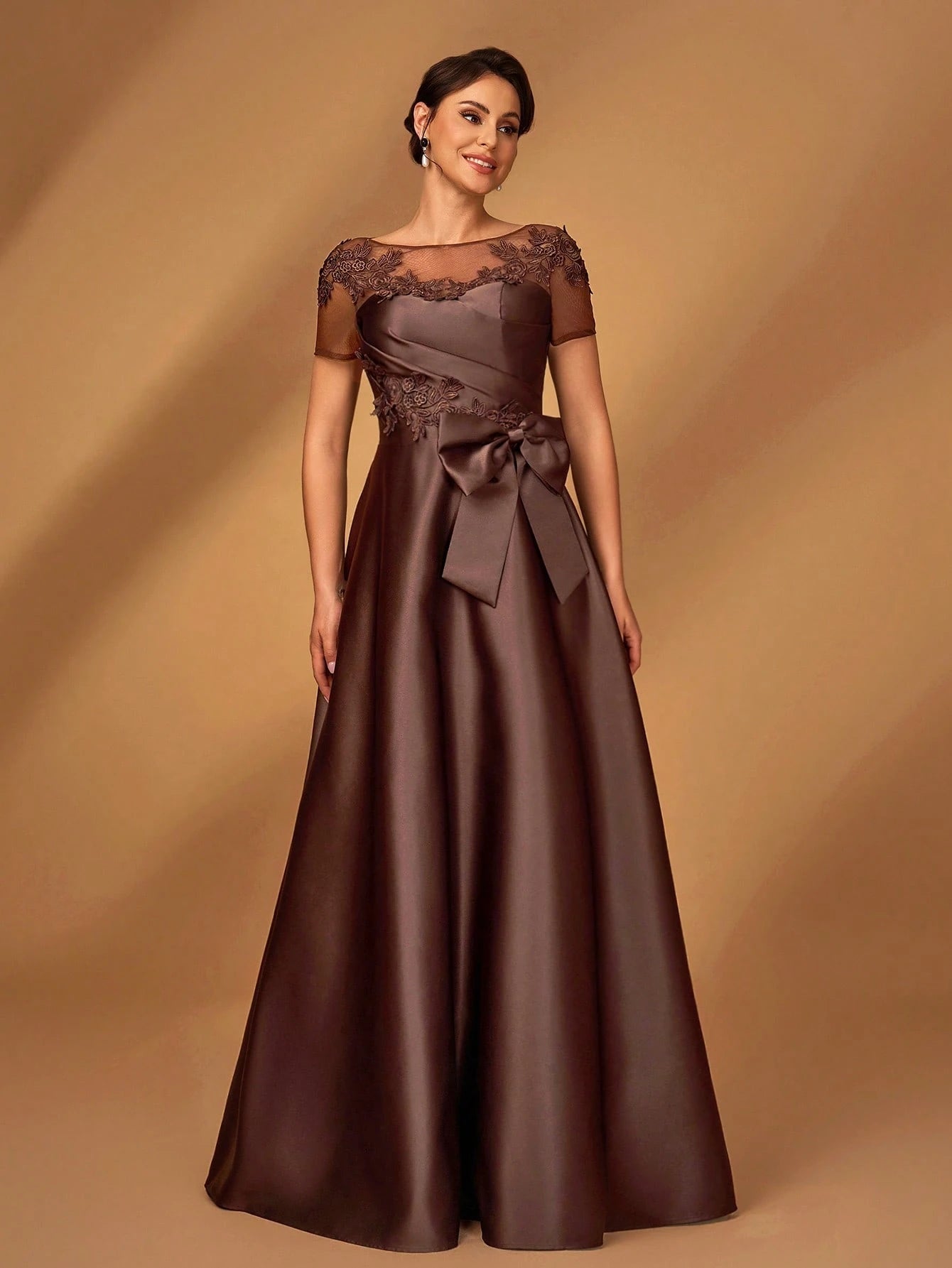 Serin Elegant Chocolate Brown Winter Evening Dress,Formal Wedding Guest Gown With Sequins Applique Mesh