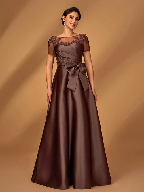 Serin Elegant Chocolate Brown Winter Evening Dress,Formal Wedding Guest Gown With Sequins Applique Mesh