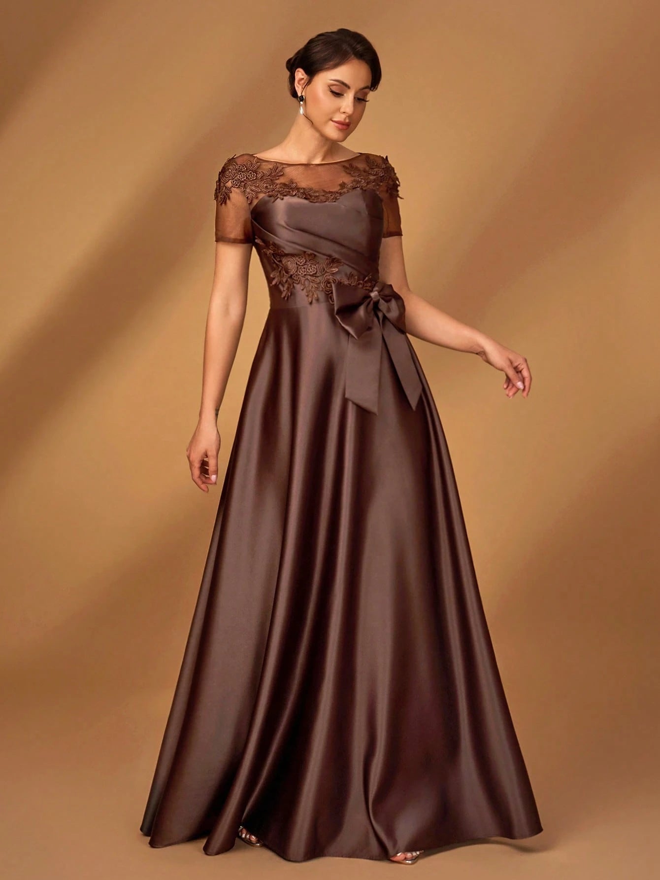 Serin Elegant Chocolate Brown Winter Evening Dress,Formal Wedding Guest Gown With Sequins Applique Mesh - image 3