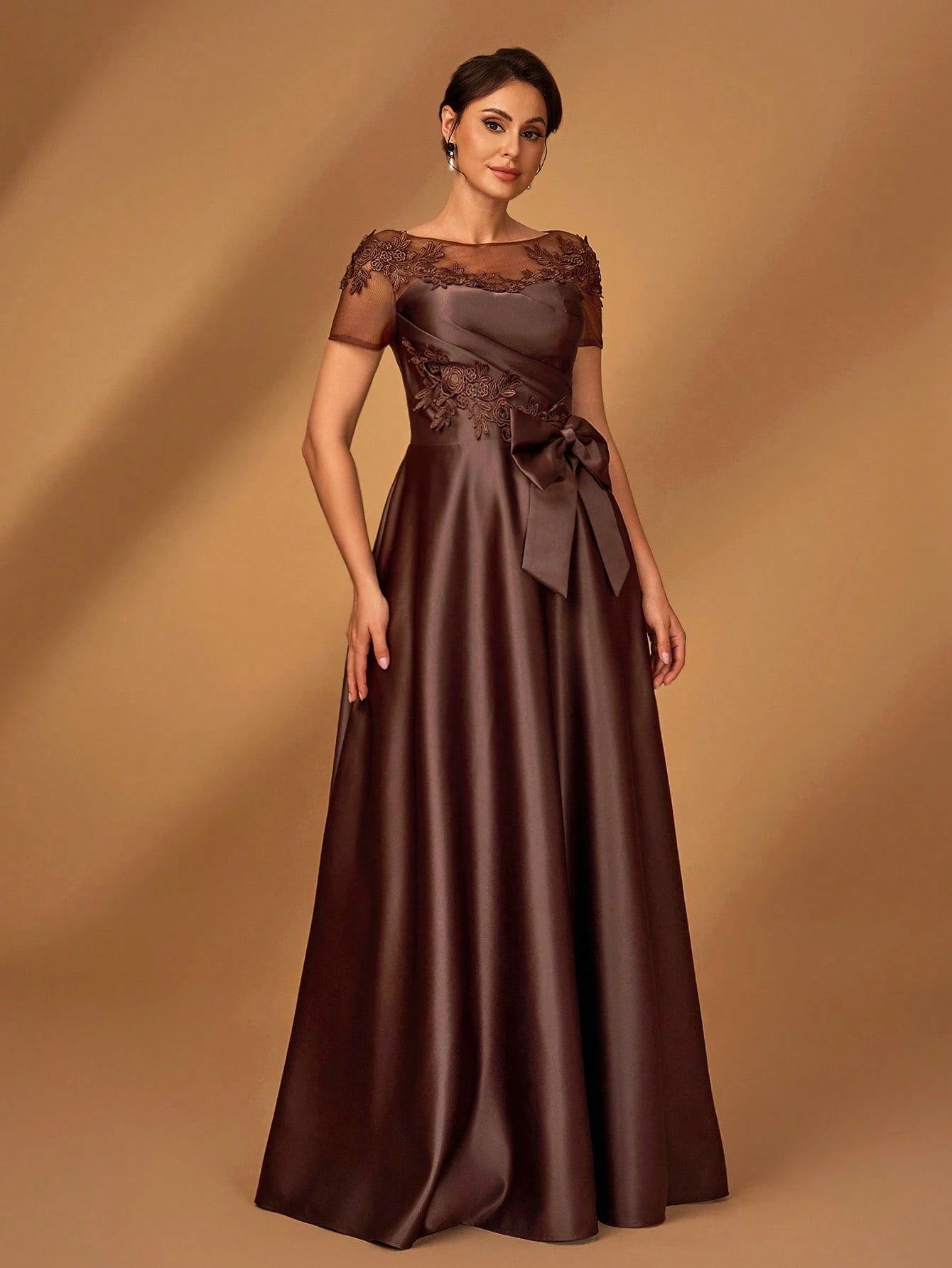 Serin Elegant Chocolate Brown Winter Evening Dress,Formal Wedding Guest Gown With Sequins Applique Mesh - image 4