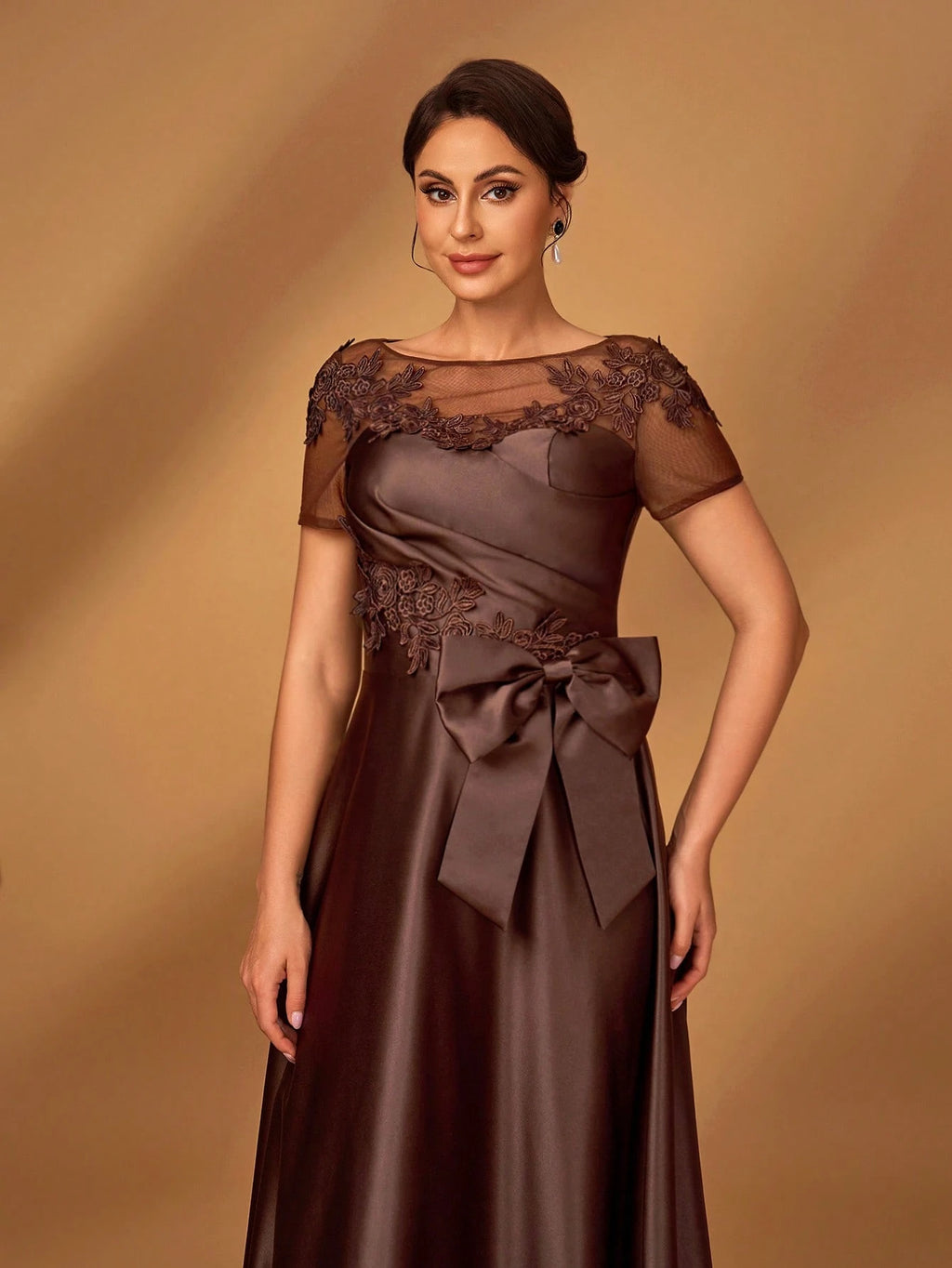 Serin Elegant Chocolate Brown Winter Evening Dress,Formal Wedding Guest Gown With Sequins Applique Mesh - image 6