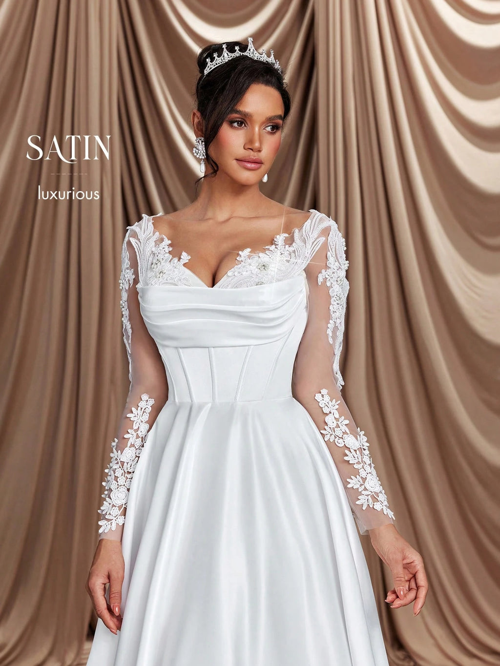 Glamrae Elegant White Winter Formal Party Wedding Bridal Wedding Dresses,Long Sleeve Crystal Faux Pearl - image 8