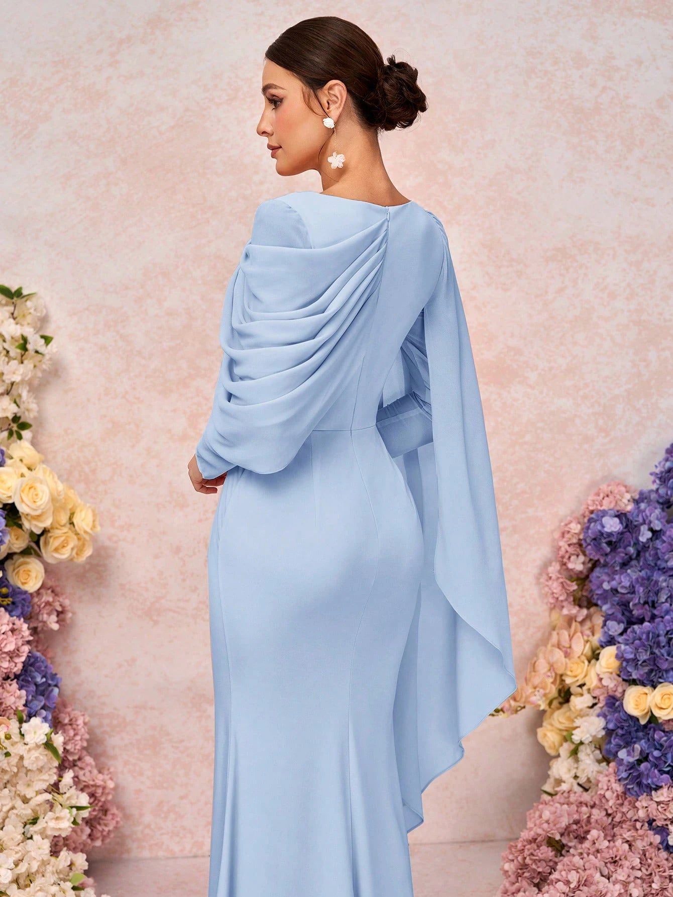 Belle Elegant & Romantic Crew Neck Long Sleeve Pleated Decor Asymmetrical Mermaid Hem Knit Bridesmaid Dress - image 2