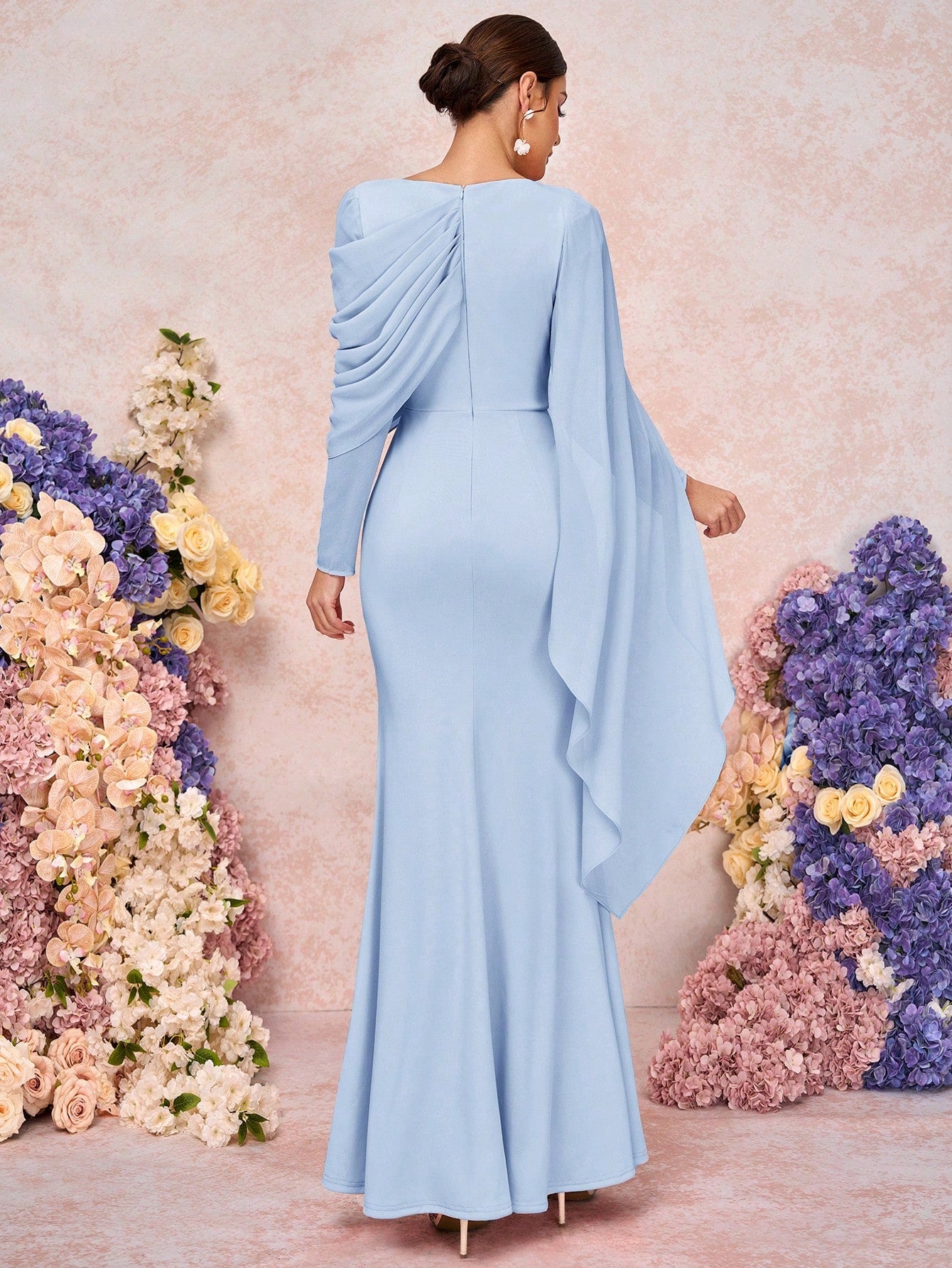 Belle Elegant & Romantic Crew Neck Long Sleeve Pleated Decor Asymmetrical Mermaid Hem Knit Bridesmaid Dress - image 6