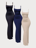 MYSTAURA 3pcs/Set Solid Color Pleated Fitted Camisole Dress, Black,