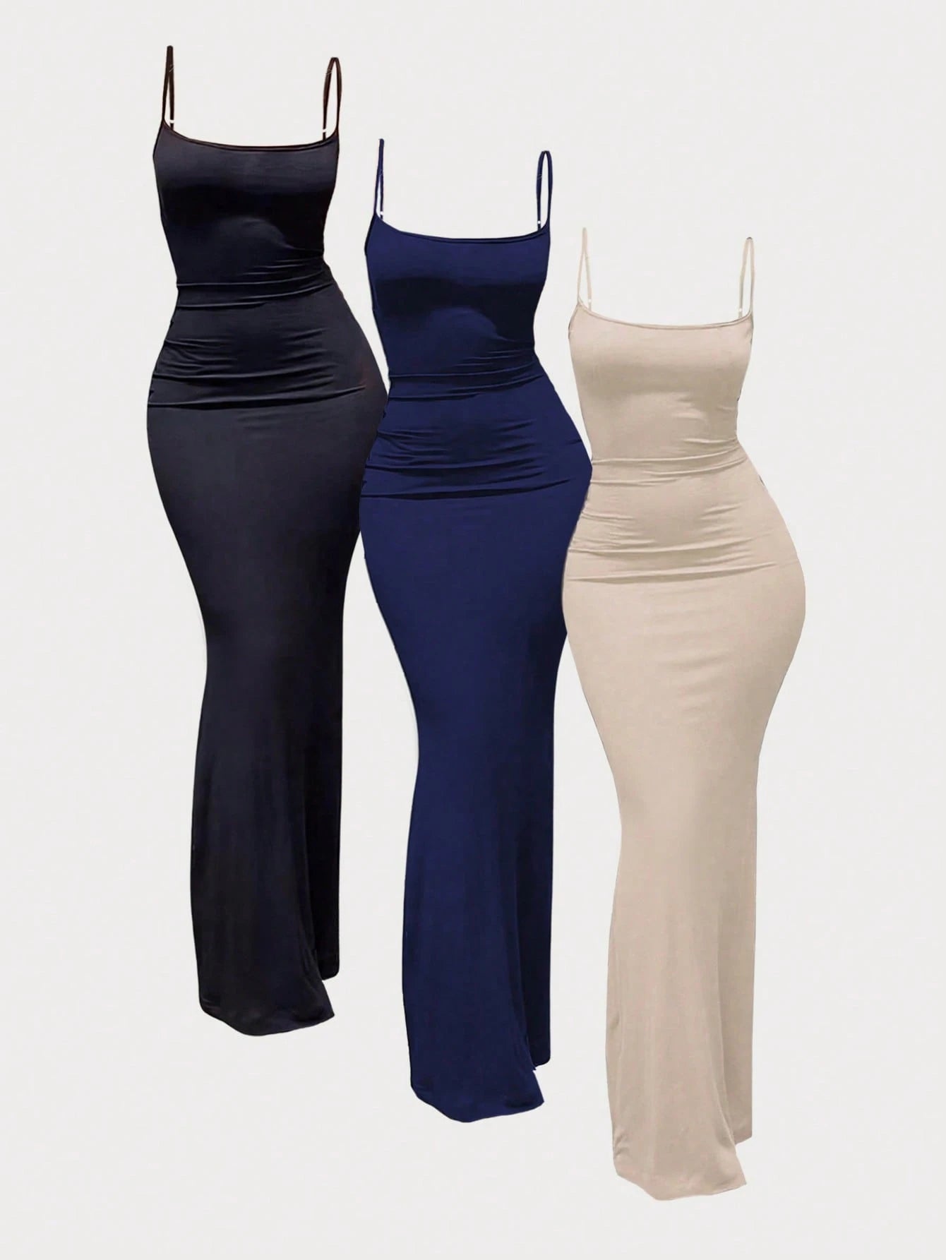 MYSTAURA 3pcs/Set Solid Color Pleated Fitted Camisole Dress, Black,