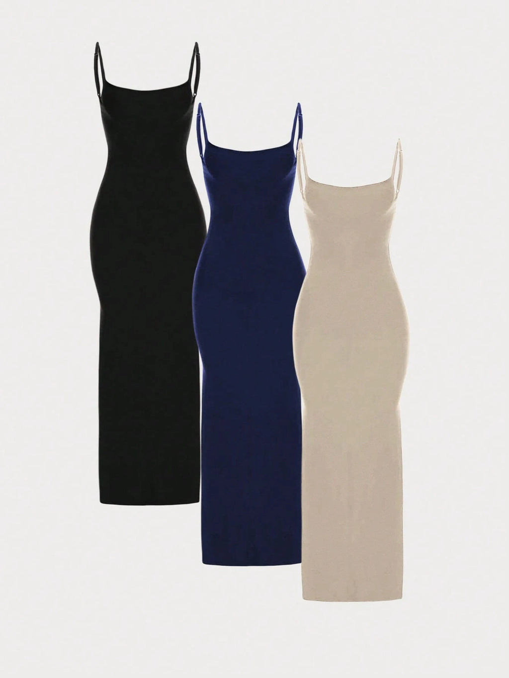MYSTAURA 3pcs/Set Solid Color Pleated Fitted Camisole Dress, Black,