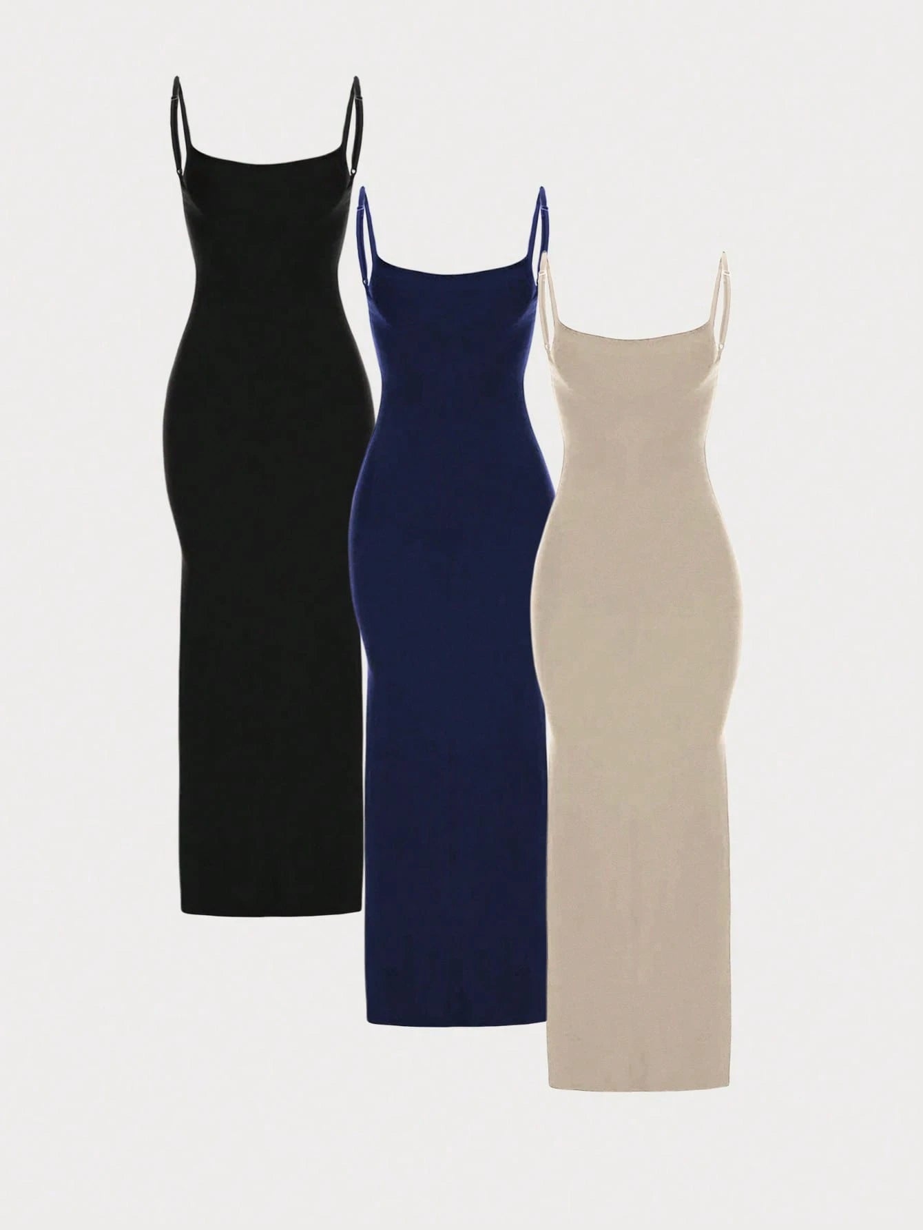 MYSTAURA 3pcs/Set Solid Color Pleated Fitted Camisole Dress, Black,
