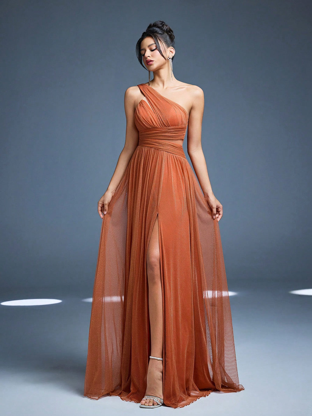 Elegant Dusty Rose One Shoulder Cutout Waist Glitter Tulle Maxi Dress, High Slit Pleated A Line Formal - image 6